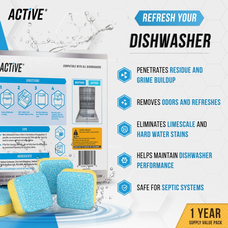 Active Dishwasher Cleaner And Deodorizer Tablets - 24 Pack Deep Cleaning Descaler Pods for Dish Washer Machine, Heavy Duty, Septic Safe, Natural Limescale Remover, Calcium, Odor, Smell - 12 Month Supply - Image 2